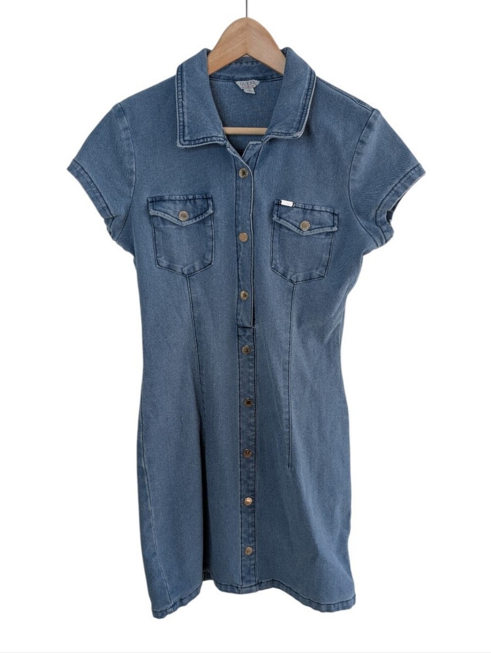 Guess Denim Snap Front Bodycon Dress Short Sleeve Large